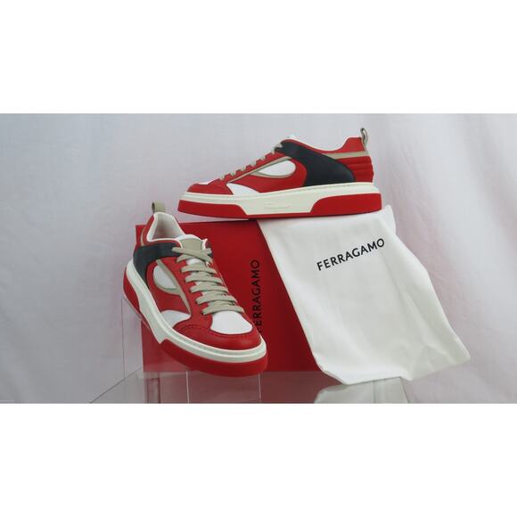 NIB FERRAGAMO CASSINA RED BLACK LEATHER LOGO LACE UP SNEAKERS 11 M ITALY - Picture 1 of 13
